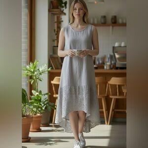 Terzo Millennio Italian Linen Eyelet Hem Sleeveless Shift Dress Size Large
